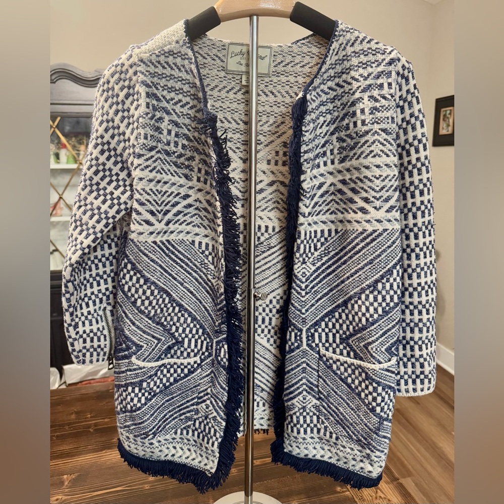 Lucky‎ Brand Navy and Cream Geometric Cardigan Size S
